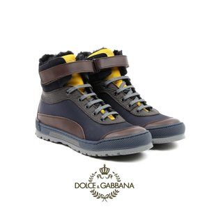 NIB Dolce and Gabbana Brown Blue Leather Boy's 2 US EUR 33 High Top Sneakers